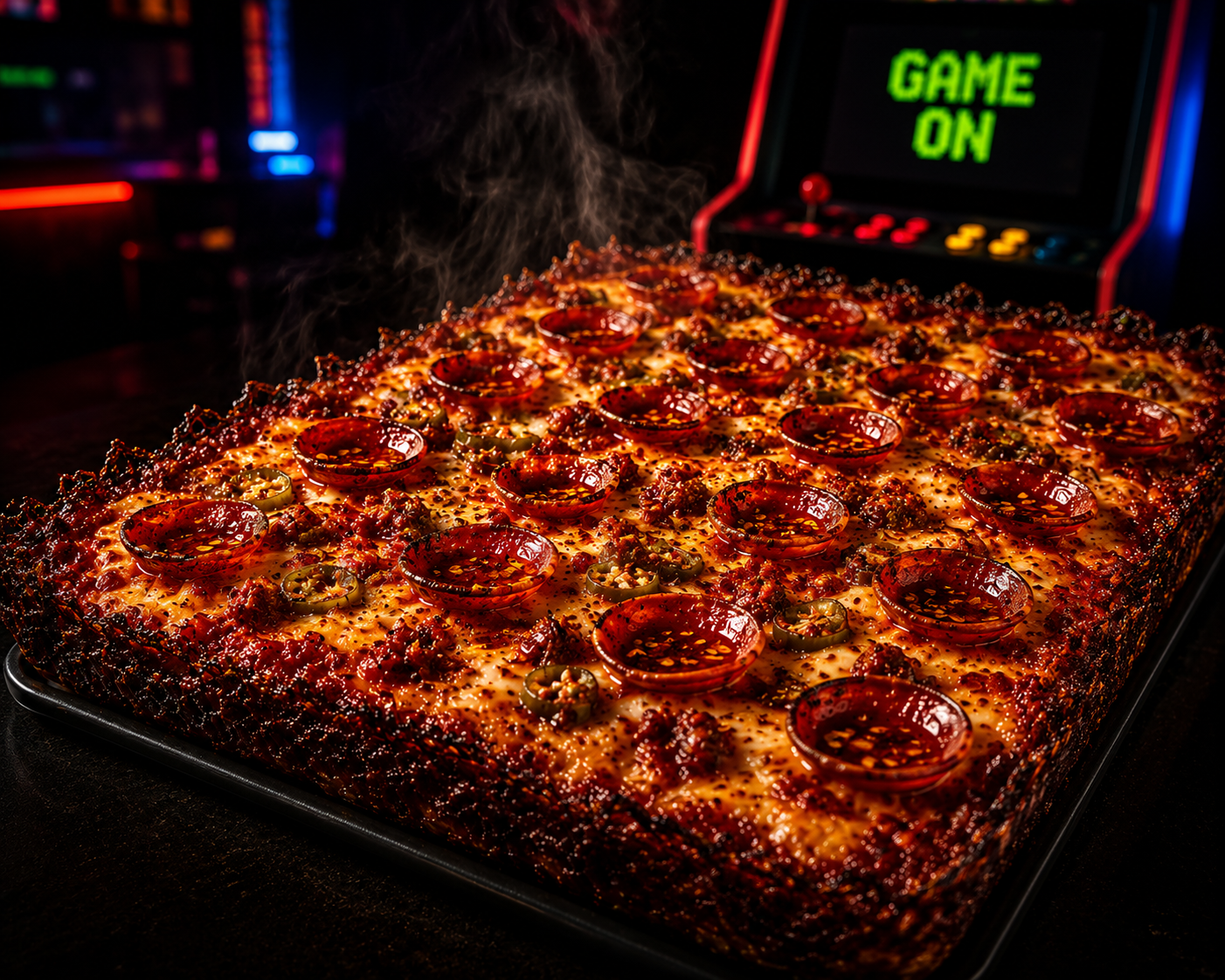 Square sourdough pan pizza with crispy cheese edges and pepperoni